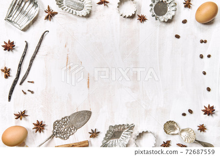 Food flat lay background copy space Utensils ingredients spices Food flat lay background copy space Utensils ingredients spices 72687559