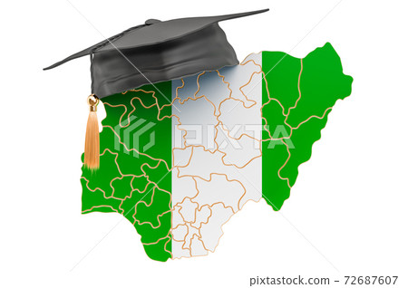Education in Nigeria concept. Nigerian map with graduate cap, 3D rendering Education in Nigeria concept. Nigerian map with graduate cap, 3D rendering 72687607
