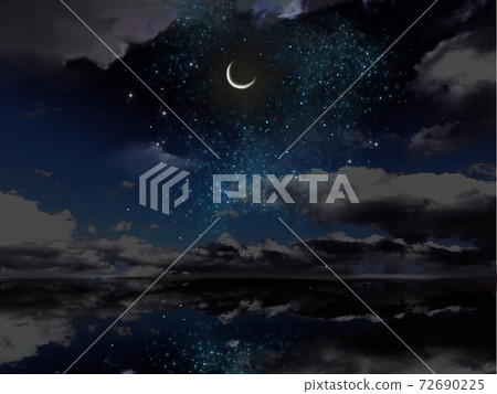 A mysterious landscape painting of the moon shining in the dusk, the starry sky, the telephone poles standing on the surface of the sea, and the electric wires leading to the horizon. A mysterious landscape painting of the moon shining in the dusk, the starry sky, the telephone poles standing on the surface of the sea, and the electric wires leading to the horizon. 72690225