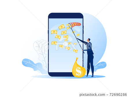 businessman trying to catch money fly on laptop phone vector illustrator. businessman trying to catch money fly on laptop phone vector illustrator. 72690286