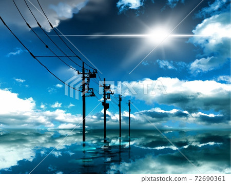 A mysterious landscape painting in which the blue sky of summer reflects off the surface of the sea and the telephone poles standing in the water continue to the horizon. A mysterious landscape painting in which the blue sky of summer reflects off the surface of the sea and the telephone poles standing in the water continue to the horizon. 72690361