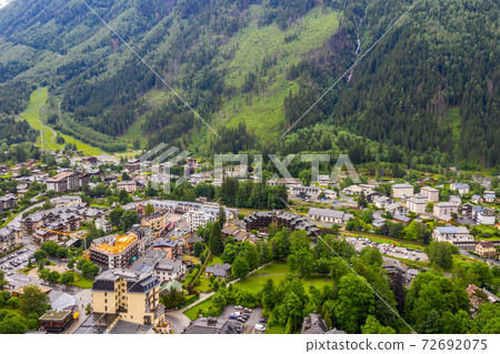 Aerial view of Chamonix towns and villages in summer season Aerial view of Chamonix towns and villages in summer season 72692075