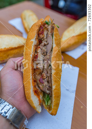 Closeup photo of human hand holding Vietnamese sandwich- Banh Mi Closeup photo of human hand holding Vietnamese sandwich- Banh Mi 72693302