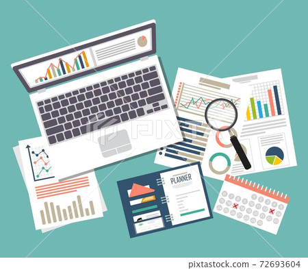 Auditing concept vector illustration. Tax process. Business background. Flat design of analysis, data, accounting, planning, management, research, calculation, reporting, project management. 72693604