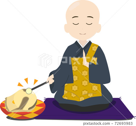 Illustration of a cute monk sitting and chanting sutras while hitting a mokugyo Illustration of a cute monk sitting and chanting sutras while hitting a mokugyo 72693983