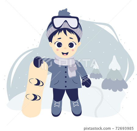 Kids winter. Boy athlete with a snowboard on a background with a winter landscape, fir trees and snow. Vector illustration. Kids collection for design, postcards, posters and print Kids winter. Boy athlete with a snowboard on a background with a winter landscape, fir trees and snow. Vector illustration. Kids collection for design, postcards, posters and print 72693985