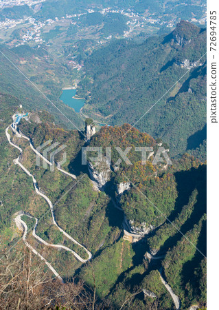 Aerial view of 99 Bends Road in Zhangjia Jie, China Aerial view of 99 Bends Road in Zhangjia Jie, China 72694785