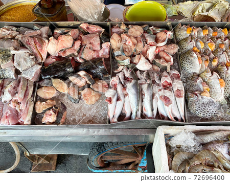 Fresh seafood placed in the basket such as fish, crab, shrimp..Food cart in Thailand Fresh seafood placed in the basket such as fish, crab, shrimp..Food cart in Thailand 72696400