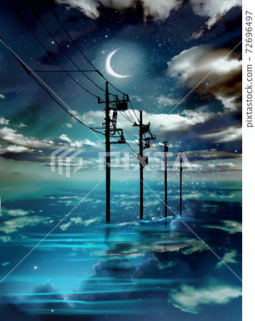 A mysterious landscape painting in which telephone poles leading to the horizon standing on the surface of the sea, a starry sky shining blue, and clouds reflected on the surface of the sea 72696497