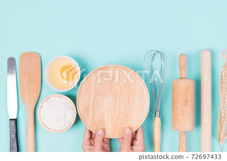 Kitchen utensils and food ingredients for bakery cooking 72697433