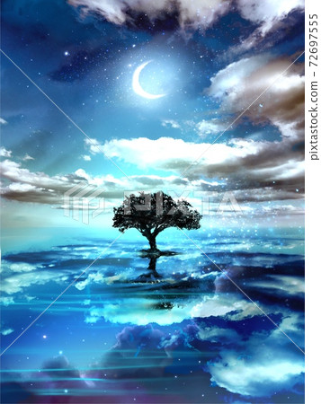 藍色的夜空和月亮在海面上反射的樹的輪廓 72697555