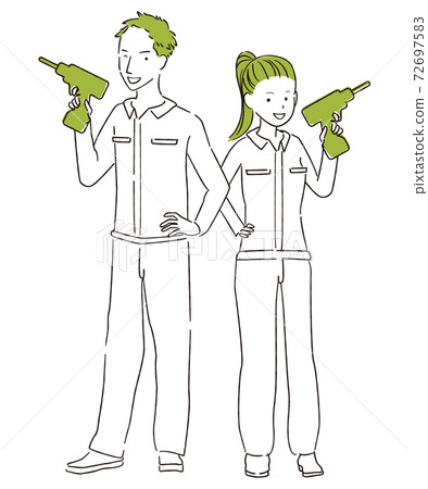 Hand-painted 1color DIY men's and women's whole body posing with an electric screwdriver Hand-painted 1color DIY men's and women's whole body posing with an electric screwdriver 72697583