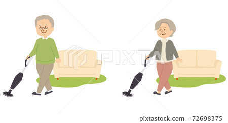 Illustration of a senior vacuuming 72698375