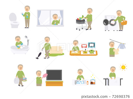 Illustration of an elderly man doing housework 72698376