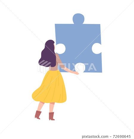 Back View of Young Woman Connecting Puzzle Elements, Girl Holding Big Jigsaw Piece Assembling Abstract Puzzle em Cartoon Style Vector Illustration 72698645