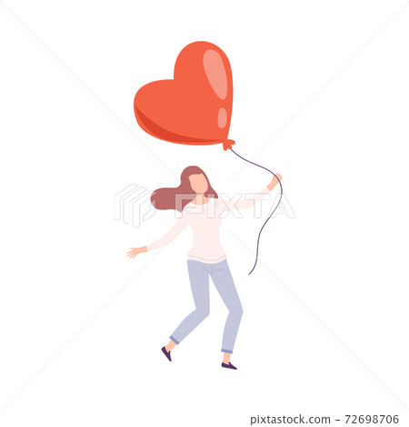 Young Woman Holding Heart Shaped Balloon, Tiny... - Stock Illustration ...