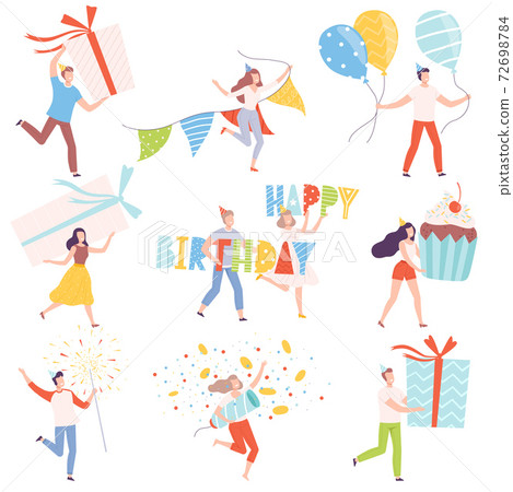 People Holding Gift Boxes Set, Tiny Persons Celebrating Birthday or Important Events Cartoon Style Vector Illustration 72698784