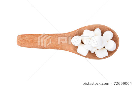 Marshmallow isolated in wood spoon on white background Marshmallow isolated in wood spoon on white background 72699004