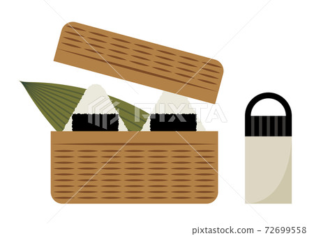 Illustration of rice balls and a water bottle in a basket Illustration of rice balls and a water bottle in a basket 72699558