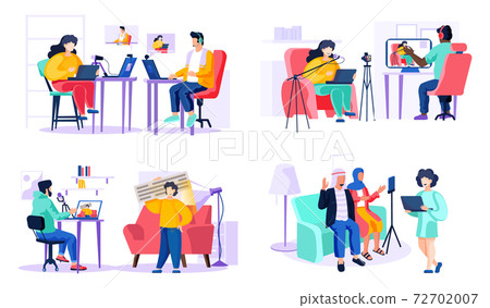 Set of pictures about people recording video messages. Man is talking to woman and working online Set of pictures about people recording video messages. Man is talking to woman and working online 72702007