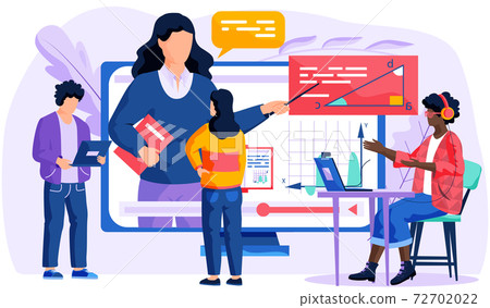 Teacher on the monitor explains new topic. Online geometry lesson. People work with laptops 72702022