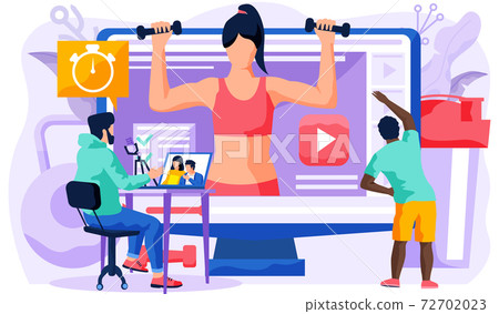 Man repeat exercises behind a girl trainer on a computer monitor. Guy with microphone watching video Man repeat exercises behind a girl trainer on a computer monitor. Guy with microphone watching video 72702023