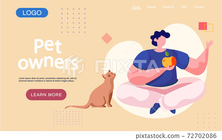 Pet owners landing page template. A cat near young man sitting on lotus position holding an apple Pet owners landing page template. A cat near young man sitting on lotus position holding an apple 72702086