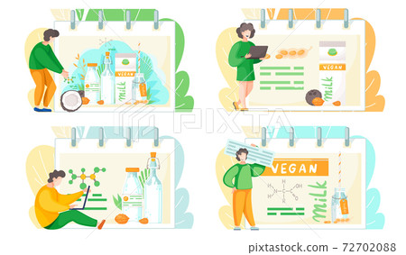 Vegan milk set of illustrations. Lactose free drink, organic and healthy cow beverage alternative Vegan milk set of illustrations. Lactose free drink, organic and healthy cow beverage alternative 72702088