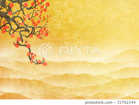 Japanese painting style New Year's New Year background illustration with red plums blooming against the background of gold leaf mountains 72702144