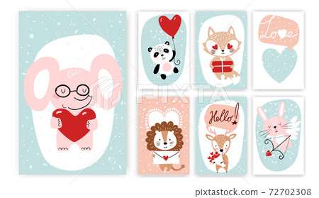 Set of mockups for Valentine s Day, children s party, birthday. Cute animals with heart symbol, bunny, elephant, panda and lion. Flat vector illustration isolated on white background. 72702308
