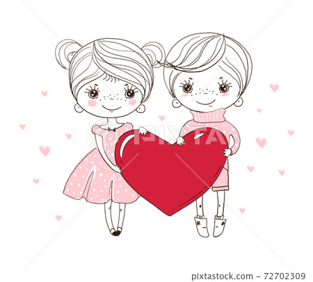 Cute Boy And Girl Are Holding A Big Red Heart Stock Illustration