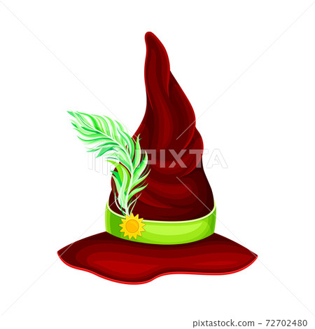 Wide Brimmed Witch Red Hat with Conical Crown and Strap with Feather Vector Illustration 72702480