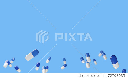 Image of many blue capsule-shaped medicines lined up 72702985