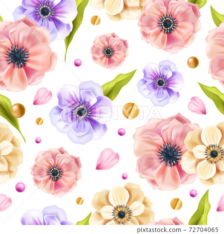 Floral vector spring seamless pattern with anemone flowers, green leaves, golden dots  72704065