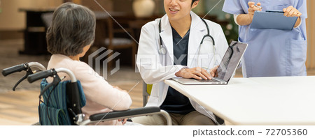 Doctor to see and senior woman in a wheelchair Doctor to see and senior woman in a wheelchair 72705360
