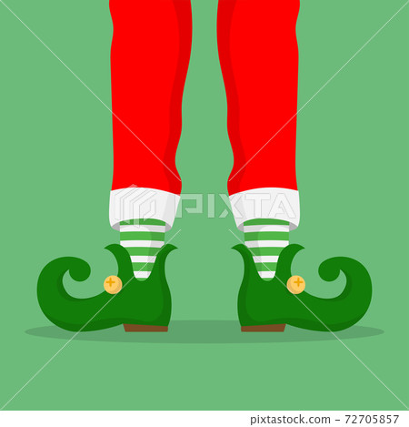 Legs Christmas Elf in green shoes with bells, in striped stockings and in short red breeches. 72705857