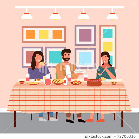 People are having dinner in the colorful restaurant. Characters eating mexican cuisine dishes 72706336