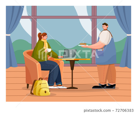 Girl in cafe at the table, waiter brings the order. Eating Out, Fast Food. Cozy cafe interior 72706383