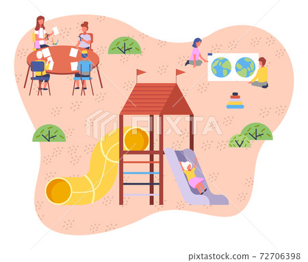 Children playing playground vector illustration. Kids on the summer play-field play in the sand 72706398