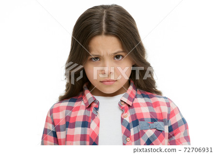 Little girl raise eyebrow isolated on white. Confident 72706931