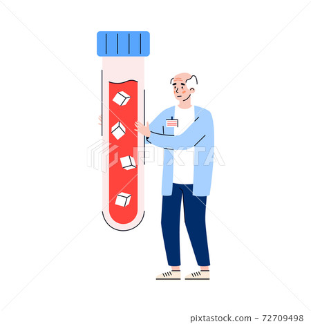 Elderly male patient with diabetes disease holds a test tube with blood. Elderly male patient with diabetes disease holds a test tube with blood. 72709498