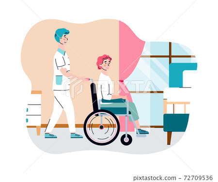 Female nurse helping old disabled woman in nursing home a vector illustration 72709536