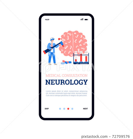 Neurological medical consultation app page cartoon vector illustration. 72709576