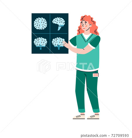 Doctor neurologist with x-ray scan of brain flat vector illustration isolated. Doctor neurologist with x-ray scan of brain flat vector illustration isolated. 72709593