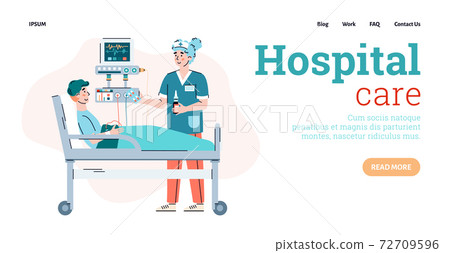 Vector landing page template with doctor taking care for patient in hospital bed 72709596