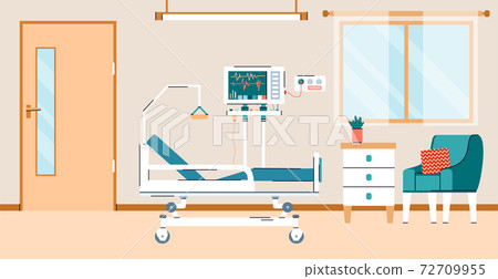 Hospital unit with bed and monitors of equipment cartoon vector illustration. 72709955