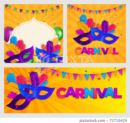Carnaval Background set.Traditional mask with feathers and confetti for fesival, masquerade, parade.Template for design invitation,flyer, poster, banners. Vector Illustration EPS10 Carnaval Background set.Traditional mask with feathers and confetti for fesival, masquerade, parade.Template for design invitation,flyer, poster, banners. Vector Illustration EPS10 72710429