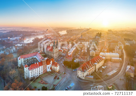Brzeg, Poland. Aerial cityscape on sunrise 72711137