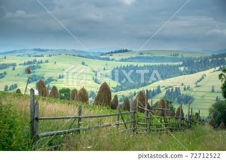 Stack of hay on a mountain meadow on a hillside. Stack of hay on a mountain meadow on a hillside. 72712522