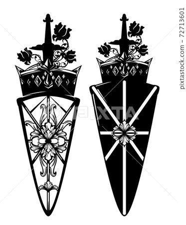 black and white vector design of medieval fairy tale royal coat of arms 72713601